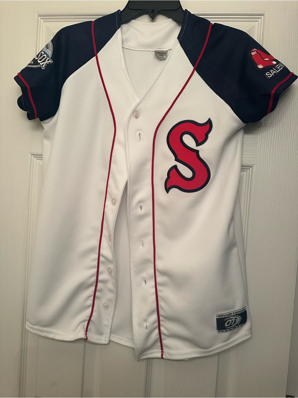 White & Navy Women’s Baseball Jersey with Red Trim - Team 'S' Logo